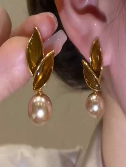 Retro Leaf Faux Pearl Drop Earrings main product photo - Earrings at ShopKaar