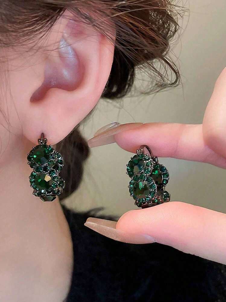 Green Rhinestone U-Shape Clip-On Earrings detail photo 5 - Earrings at ShopKaar