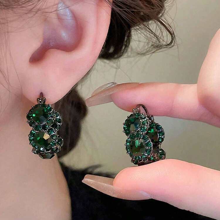 Green Rhinestone U-Shape Clip-On Earrings detail photo 6 - Earrings at ShopKaar