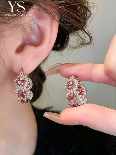 Pink Rhinestone U-Shape Hoop Earrings main product photo - Earrings at ShopKaar