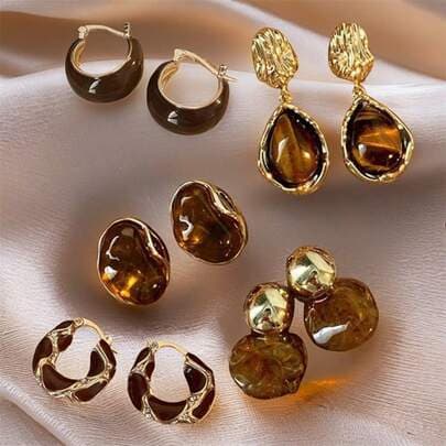 Brown Resin Tiger Eye Stud Earrings - 2pcs detail photo 2 - Earrings at ShopKaar