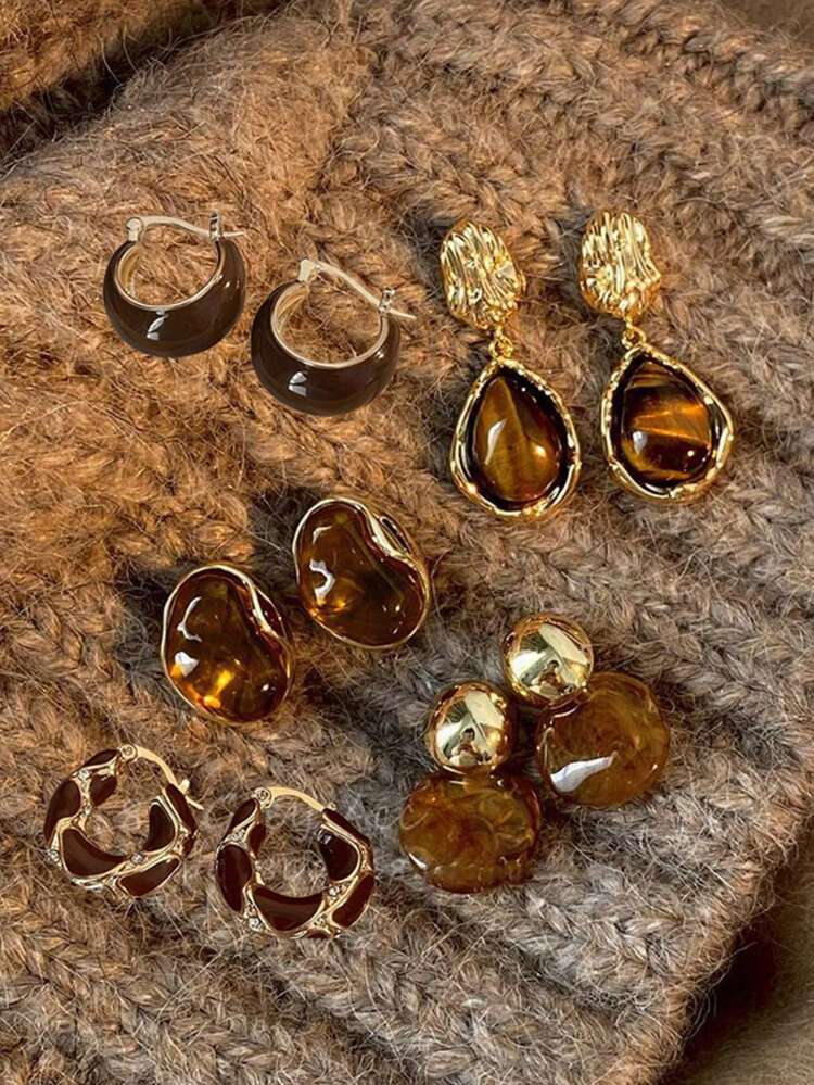 Brown Resin Tiger Eye Stud Earrings - 2pcs detail photo 4 - Earrings at ShopKaar