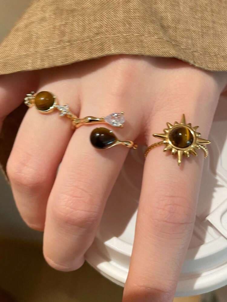 Tiger Eye Sunflower Open Ring Set - 3pcs detail photo 3 - Rings at ShopKaar