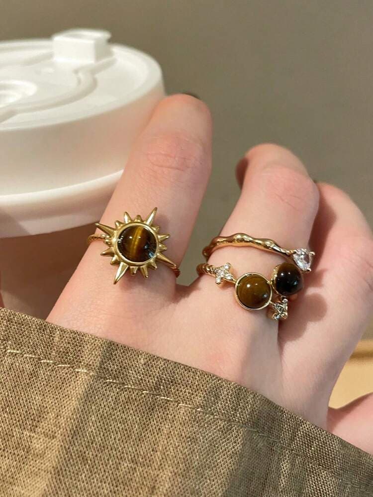 Tiger Eye Sunflower Open Ring Set - 3pcs detail photo 4 - Rings at ShopKaar
