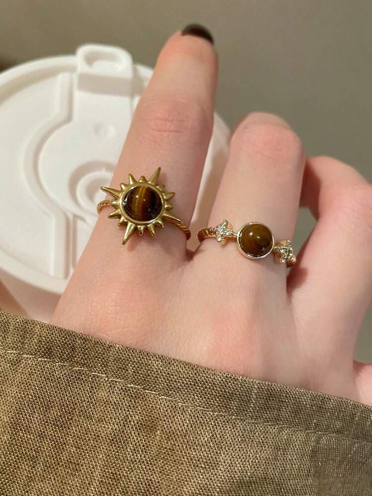 Tiger Eye Sunflower Open Ring Set - 3pcs detail photo 5 - Rings at ShopKaar