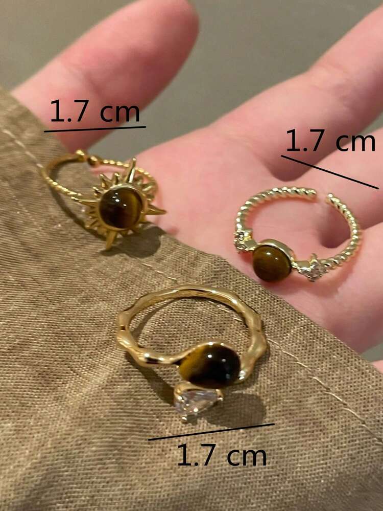Tiger Eye Sunflower Open Ring Set - 3pcs detail photo 6 - Rings at ShopKaar