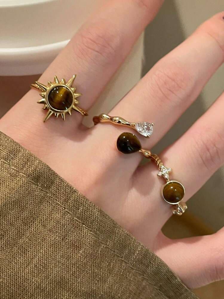 Tiger Eye Sunflower Open Ring Set - 3pcs detail photo 7 - Rings at ShopKaar