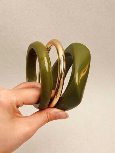 Green Acrylic & Gold Bead Bracelet Set - 3pcs main product photo - Bracelets at ShopKaar