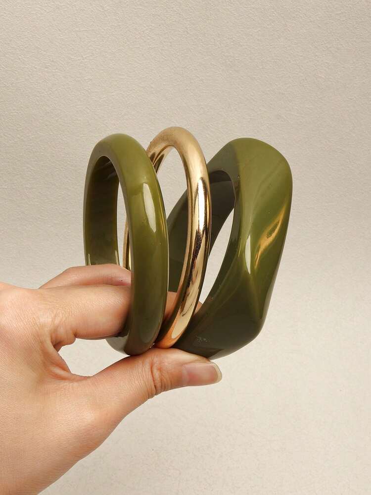 Green Acrylic & Gold Bead Bracelet Set - 3pcs detail photo 2 - Bracelets at ShopKaar