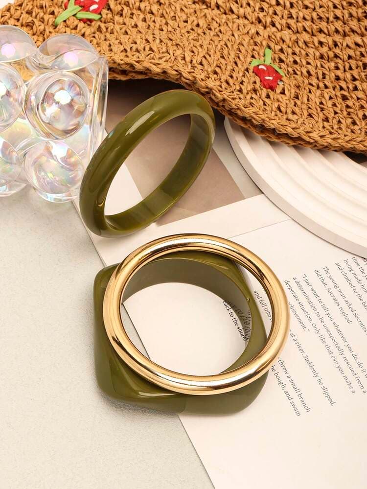 Green Acrylic & Gold Bead Bracelet Set - 3pcs detail photo 6 - Bracelets at ShopKaar