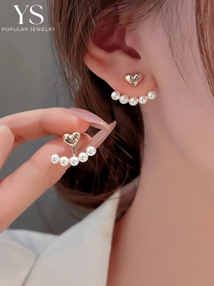 Convertible Heart Faux Pearl Stud & Drop Earrings detail photo 2 - Earrings at ShopKaar