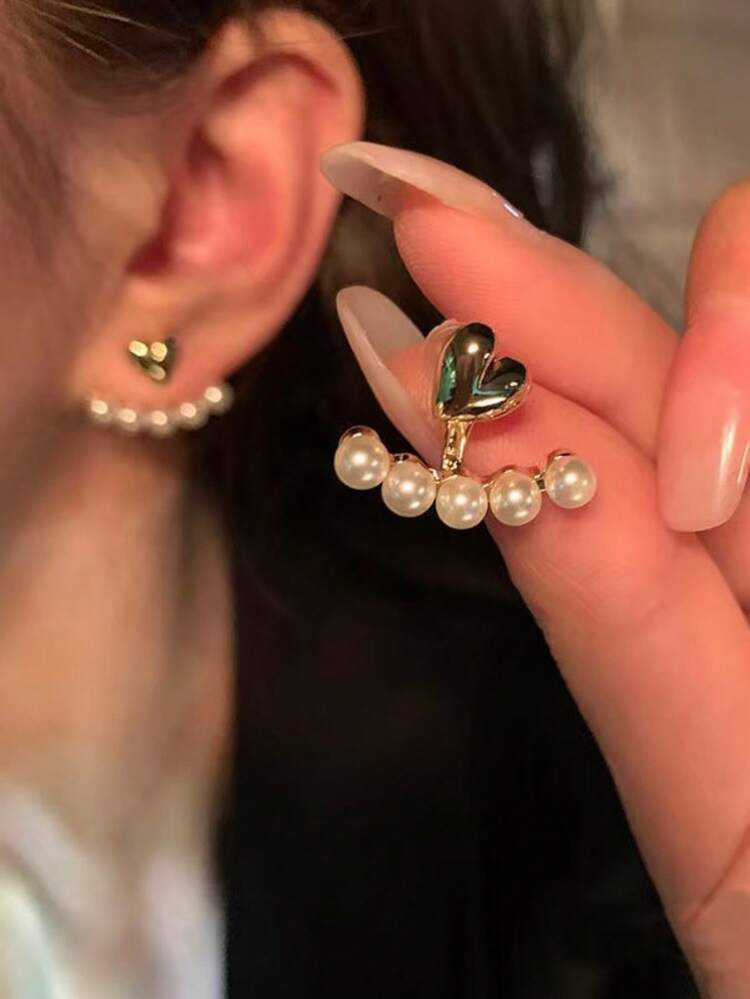 Convertible Heart Faux Pearl Stud & Drop Earrings detail photo 3 - Earrings at ShopKaar