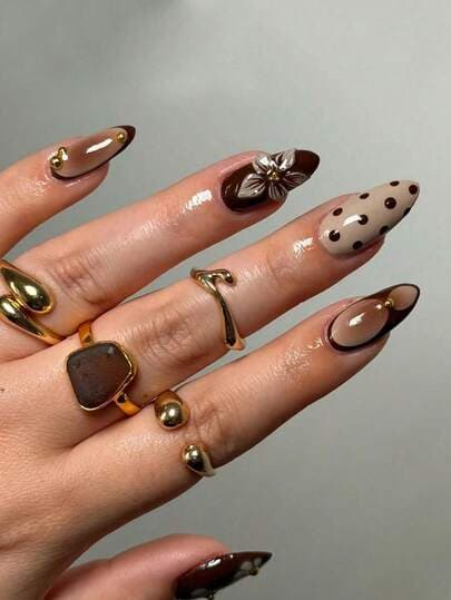 Brown Tie Dye Floral Polka Dot Almond Press-On Nails - 24pcs main product photo - Press-On Nails at ShopKaar