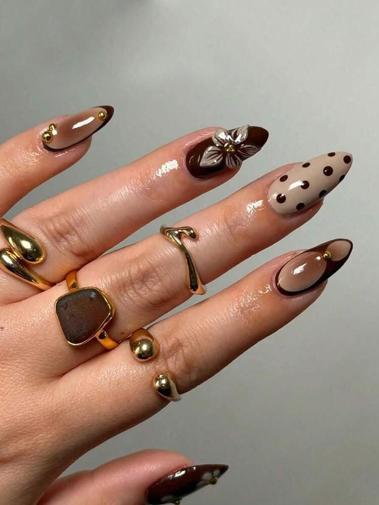 Brown Tie Dye Floral Polka Dot Almond Press-On Nails - 24pcs detail photo 8 - Press-On Nails at ShopKaar