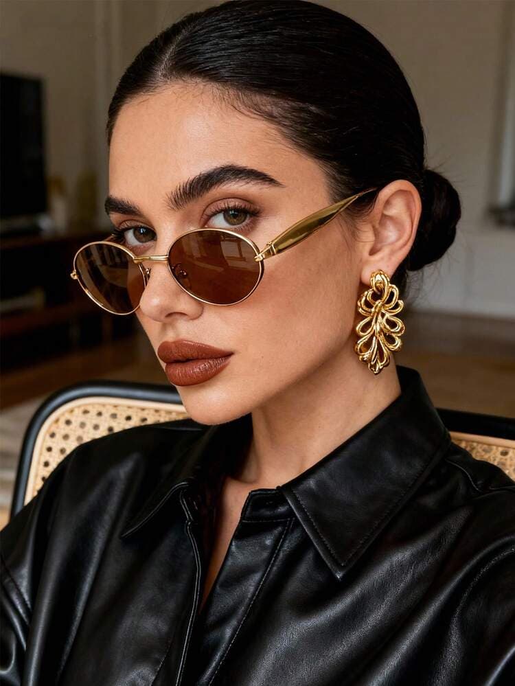 Retro Small Oval Frame Sunglasses with Dark Brown Lens detail photo 7 - Eyewear at ShopKaar