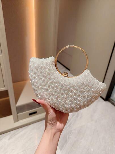 White Pearl Beaded Clutch Bag with Gold Ring Handle main product photo - Bags at ShopKaar