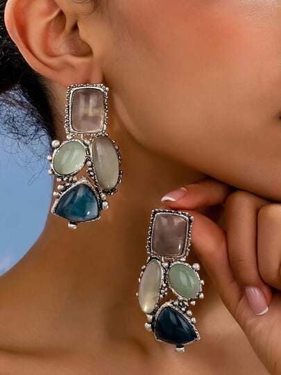 Bohemian Multicolor Gemstone Geometric Drop Earrings detail photo 2 - Earrings at ShopKaar