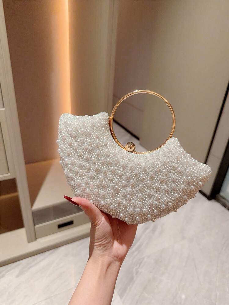 White Pearl Beaded Clutch Bag with Gold Ring Handle detail photo 14 - Bags at ShopKaar