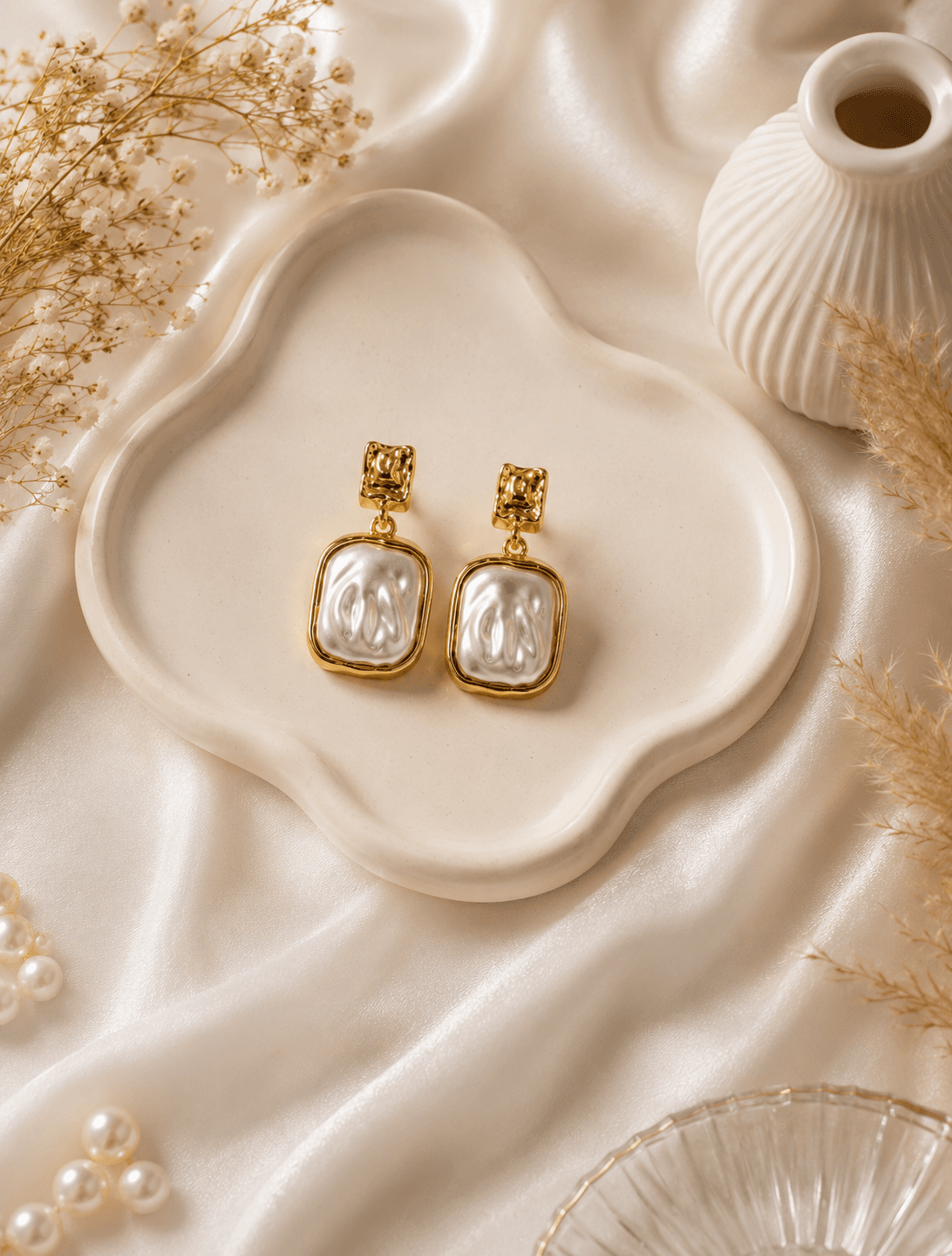 Vintage Gold Baroque Pearl Drop Earrings detail photo 5 - Earrings at ShopKaar