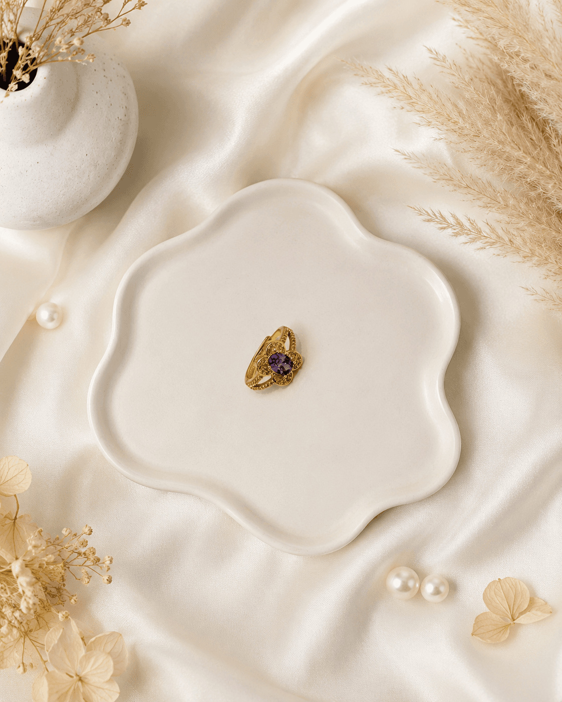 Gold Flower Halo Ring with Violet Crystal Stone main product photo - Rings at ShopKaar