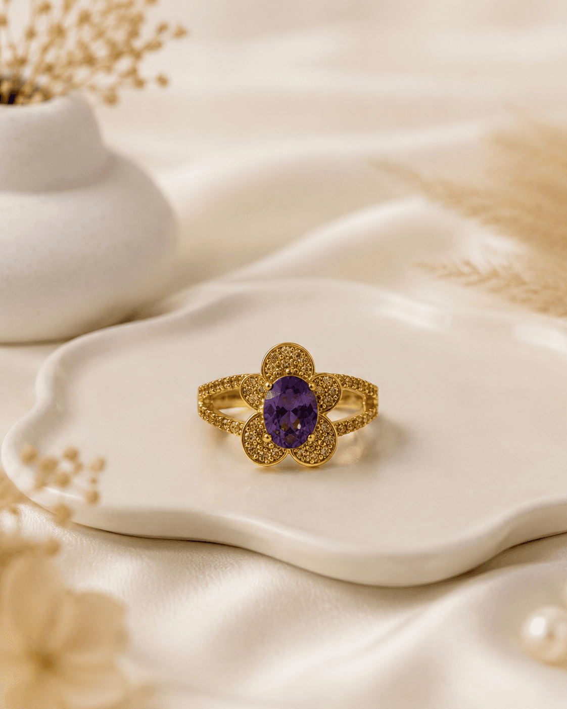Gold Flower Halo Ring with Violet Crystal Stone detail photo 2 - Rings at ShopKaar