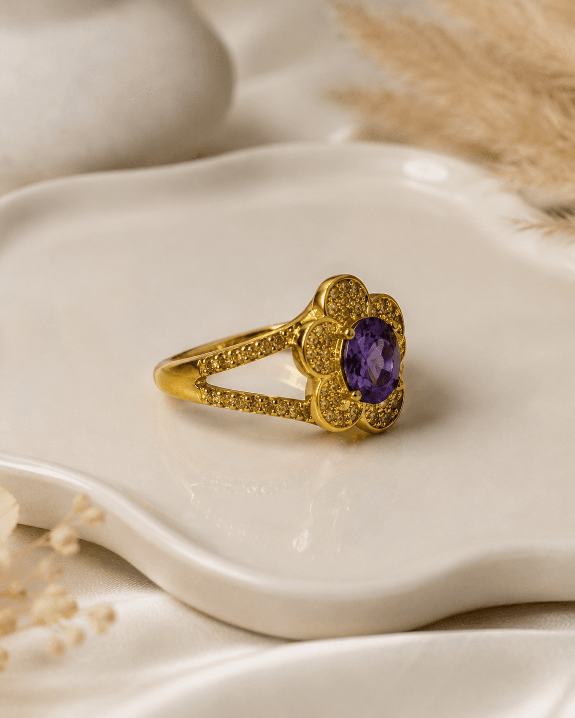 Gold Flower Halo Ring with Violet Crystal Stone detail photo 3 - Rings at ShopKaar