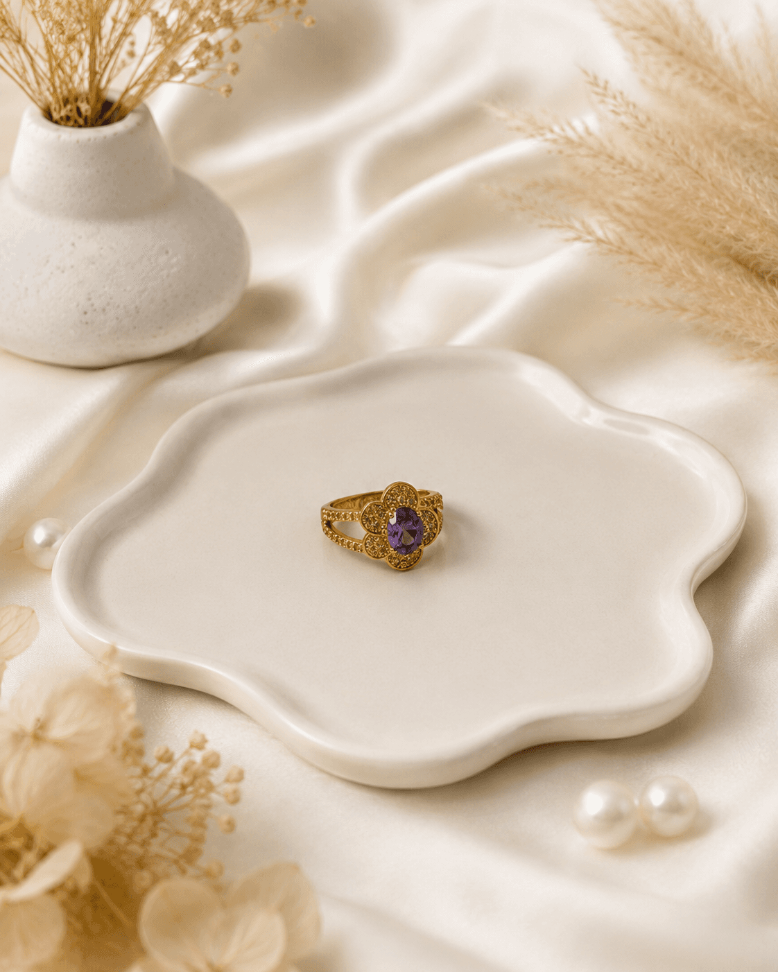 Gold Flower Halo Ring with Violet Crystal Stone detail photo 4 - Rings at ShopKaar