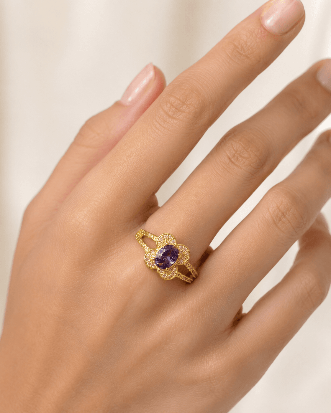 Gold Flower Halo Ring with Violet Crystal Stone detail photo 6 - Rings at ShopKaar
