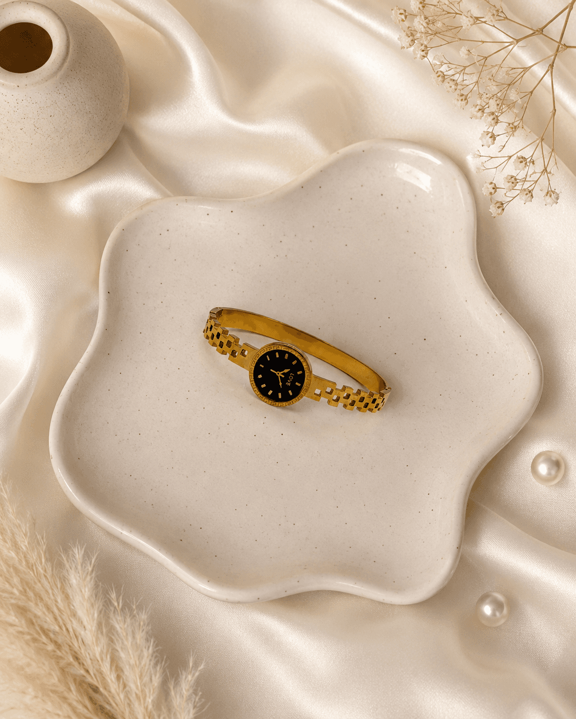 Gold Bangle Watch with Round Black Dial main product photo - Bracelets at ShopKaar