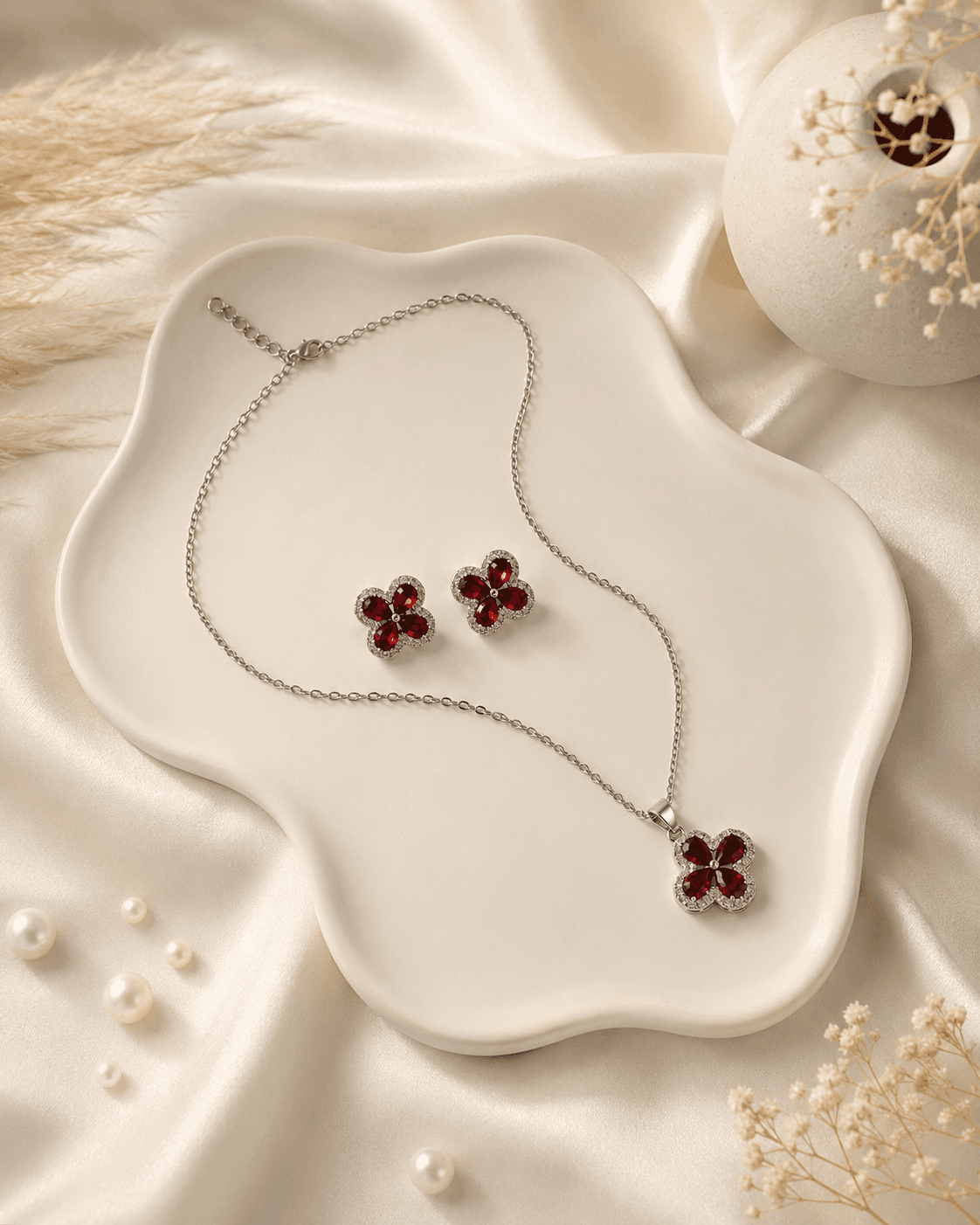 Silver Red Clover Necklace & Earrings Set - 3pcs main product photo - Jewellery Sets at ShopKaar