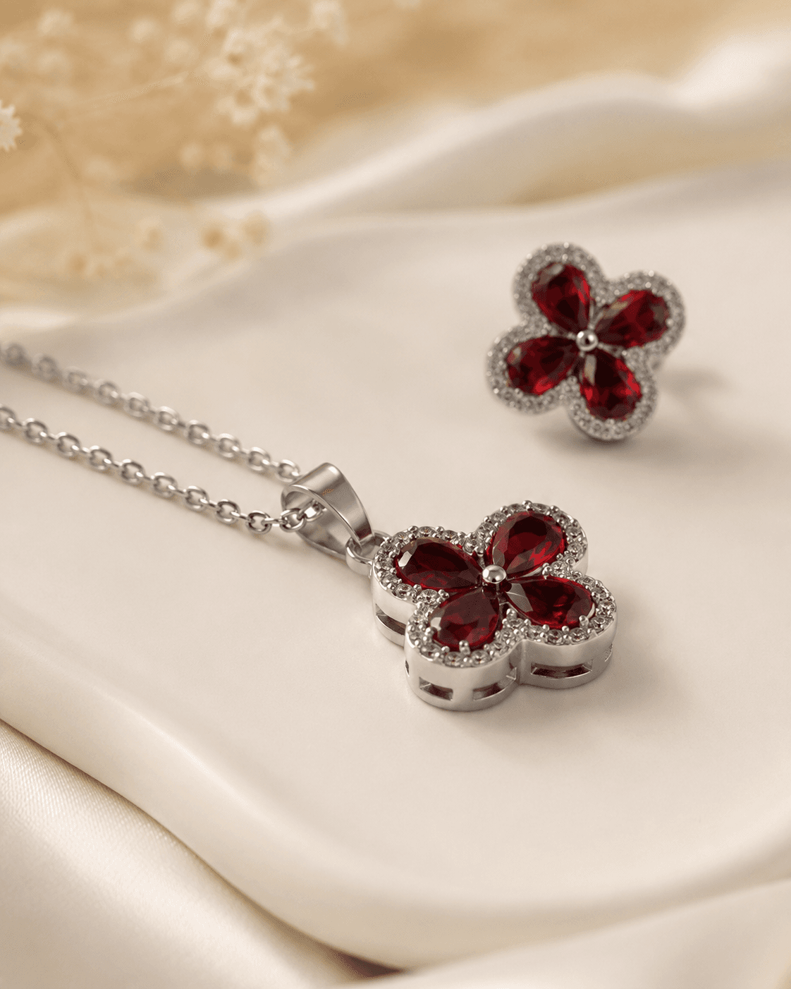 Silver Red Clover Necklace & Earrings Set - 3pcs detail photo 3 - Jewellery Sets at ShopKaar