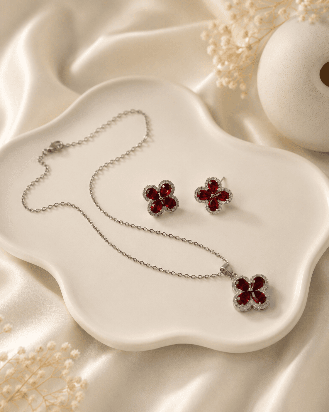 Silver Red Clover Necklace & Earrings Set - 3pcs detail photo 4 - Jewellery Sets at ShopKaar