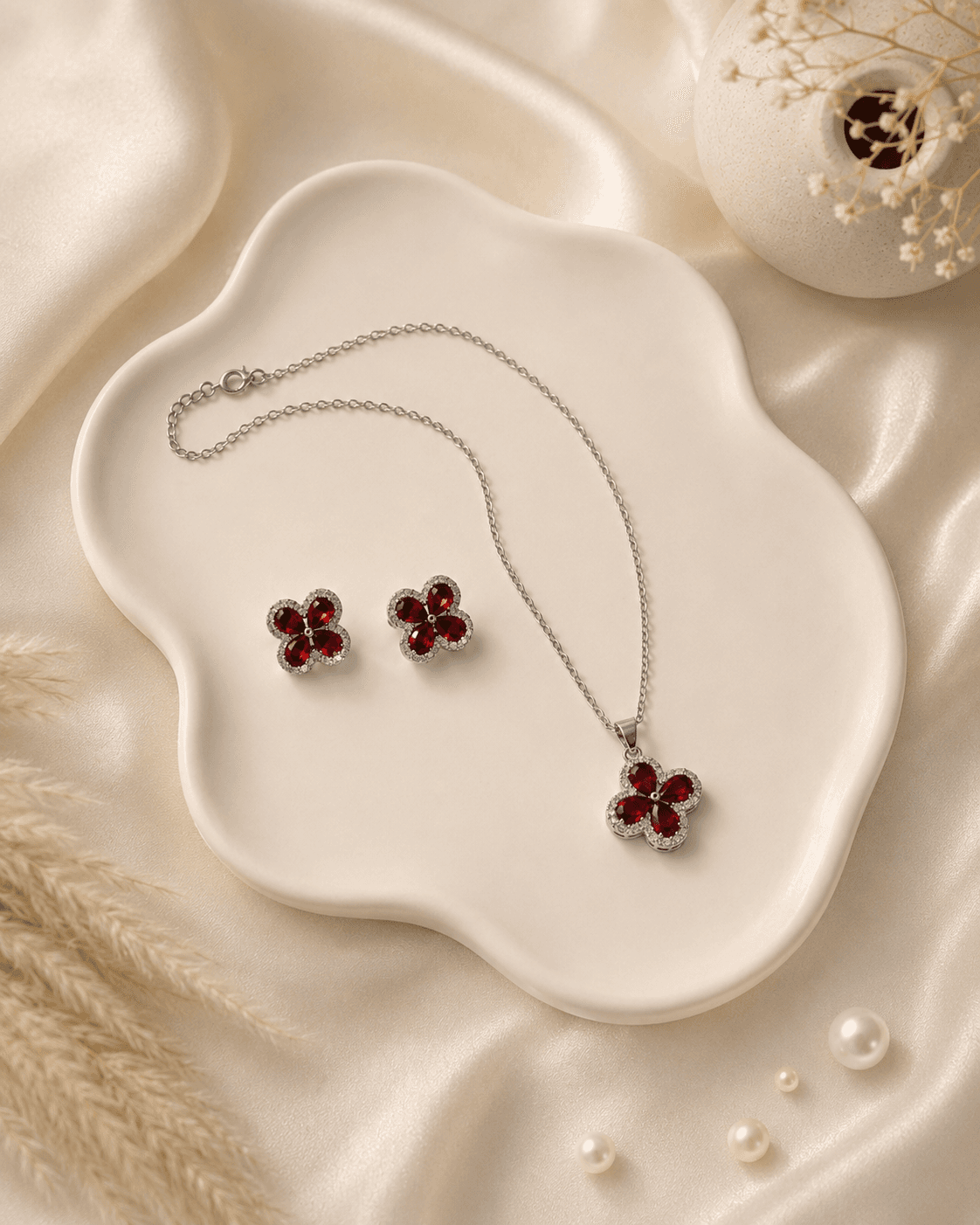 Silver Red Clover Necklace & Earrings Set - 3pcs detail photo 5 - Jewellery Sets at ShopKaar