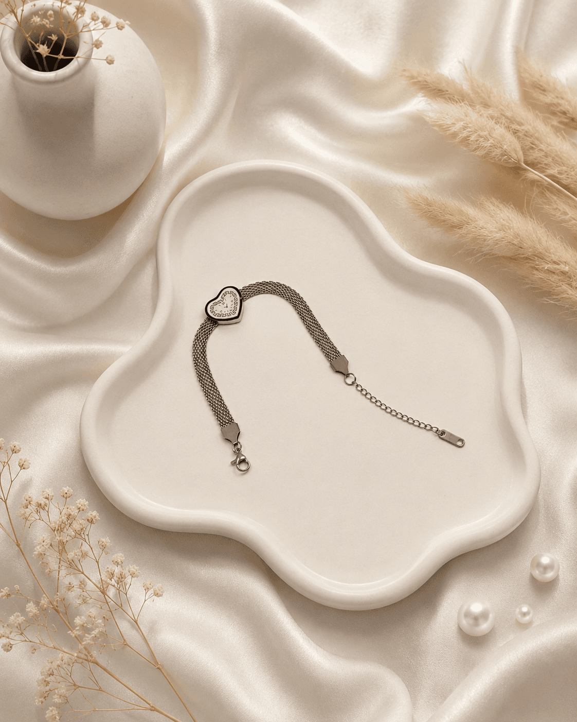 Silver Heart Dial Bracelet with Mesh Strap main product photo - Bracelets at ShopKaar