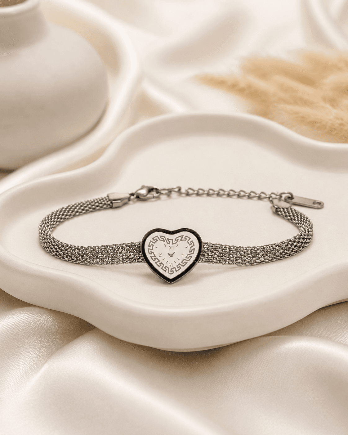 Silver Heart Dial Bracelet with Mesh Strap detail photo 2 - Bracelets at ShopKaar
