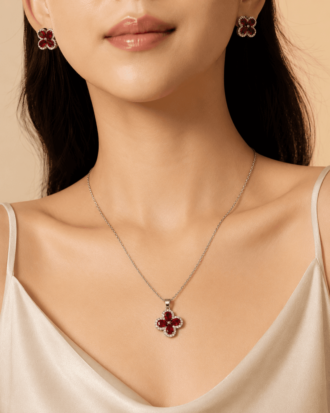 Silver Red Clover Necklace & Earrings Set - 3pcs detail photo 6 - Jewellery Sets at ShopKaar