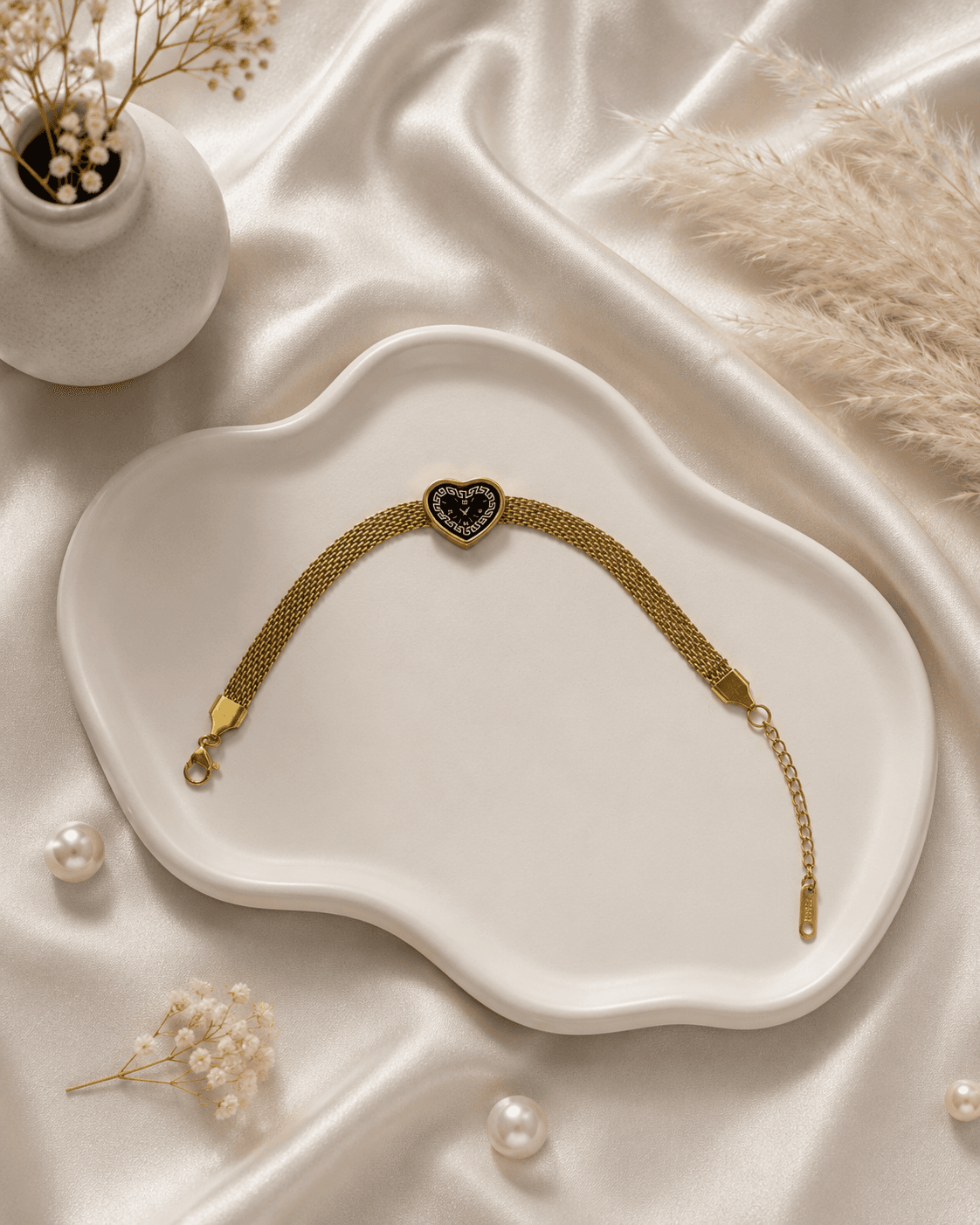 Gold Heart Dial Bracelet with Mesh Strap main product photo - Bracelets at ShopKaar