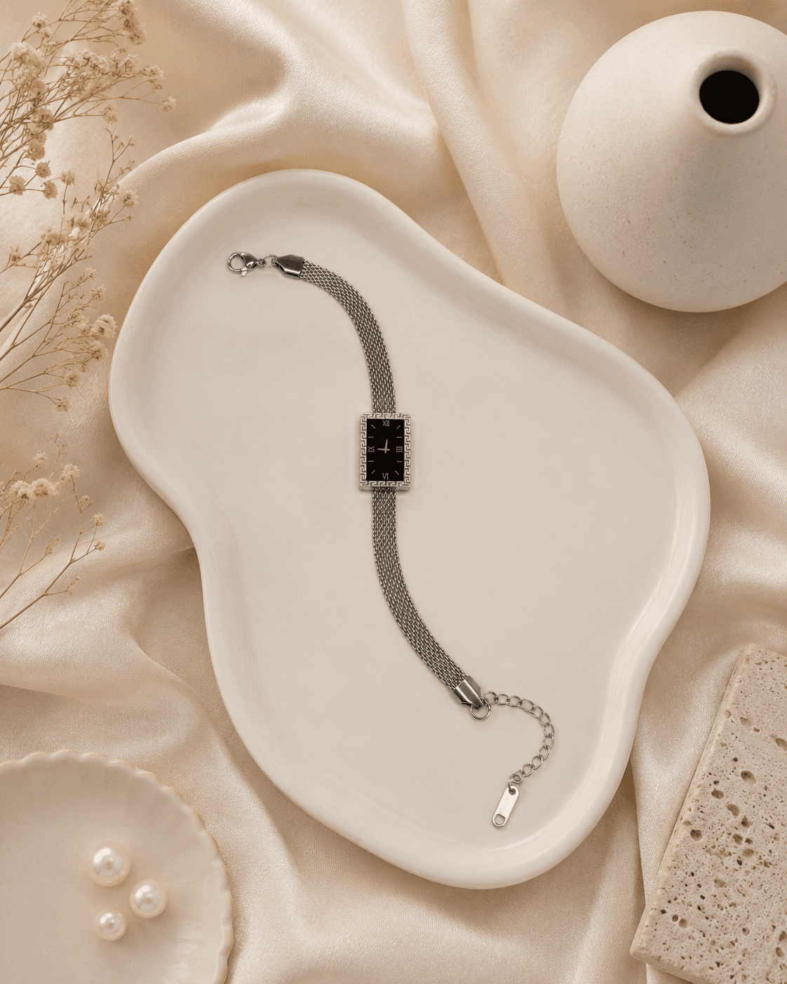 Silver Roman Dial Bracelet Watch with Mesh Strap main product photo - Bracelets at ShopKaar