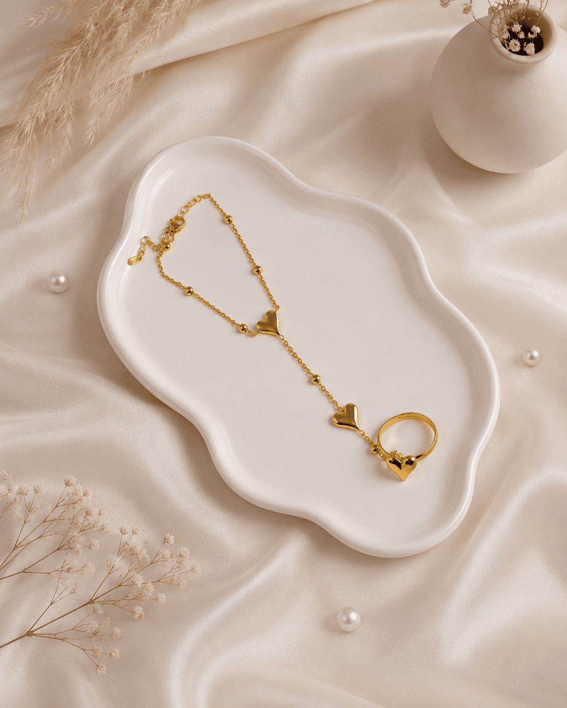 Gold Heart Charm Hand Chain Bracelet with Ring main product photo - Bracelets at ShopKaar