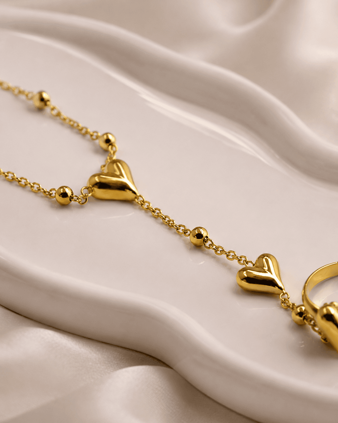 Gold Heart Charm Hand Chain Bracelet with Ring detail photo 3 - Bracelets at ShopKaar