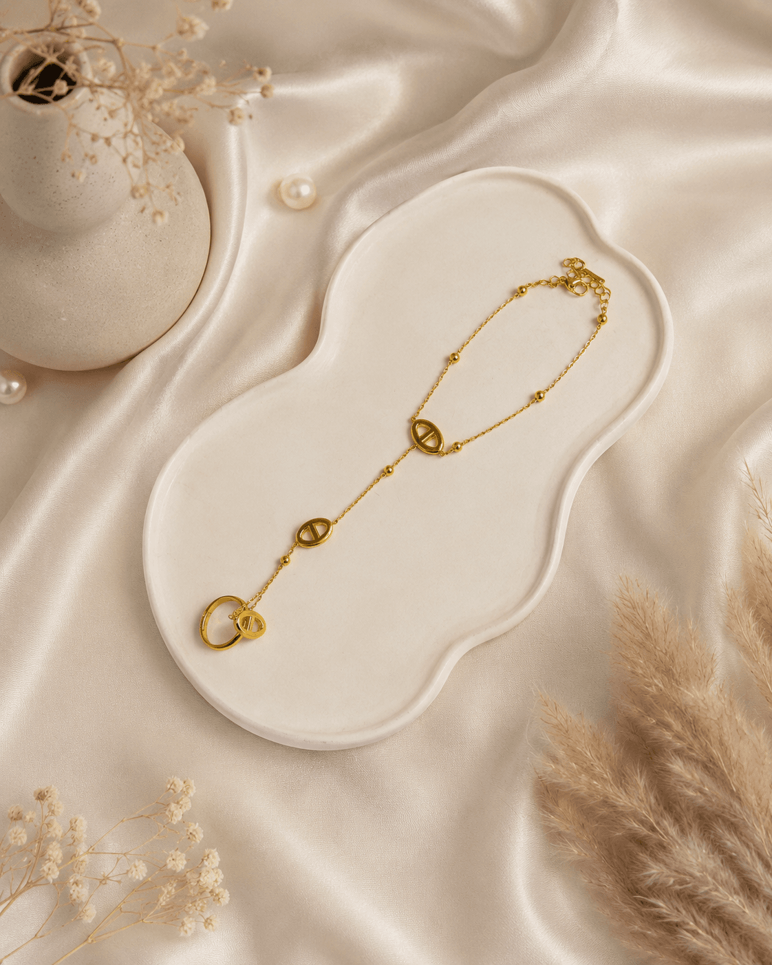 Gold Mariner Link Hand Chain Bracelet with Ring main product photo - Bracelets at ShopKaar