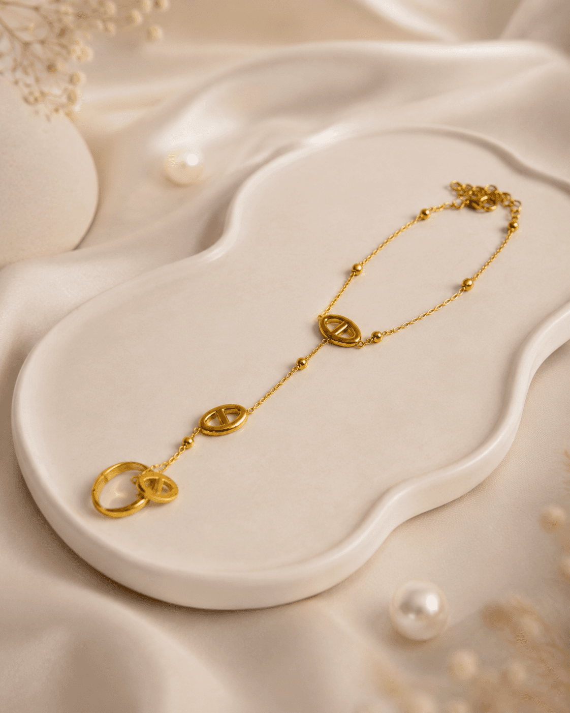 Gold Mariner Link Hand Chain Bracelet with Ring detail photo 2 - Bracelets at ShopKaar
