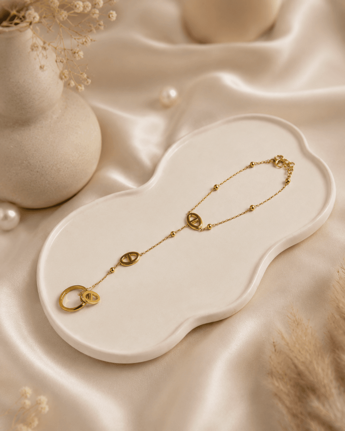 Gold Mariner Link Hand Chain Bracelet with Ring detail photo 4 - Bracelets at ShopKaar