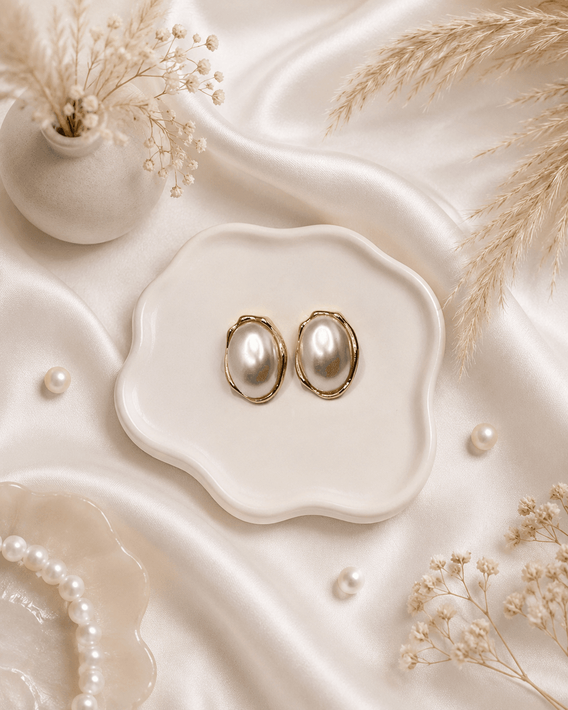 Oversized Oval Pearl Stud Earrings in Gold Frame main product photo - Earrings at ShopKaar