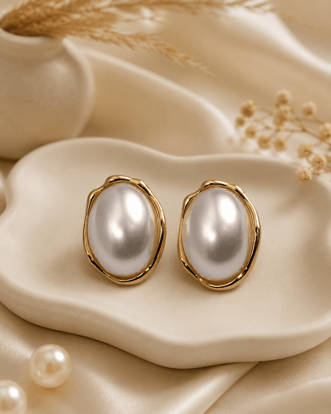 Oversized Oval Pearl Stud Earrings in Gold Frame detail photo 2 - Earrings at ShopKaar