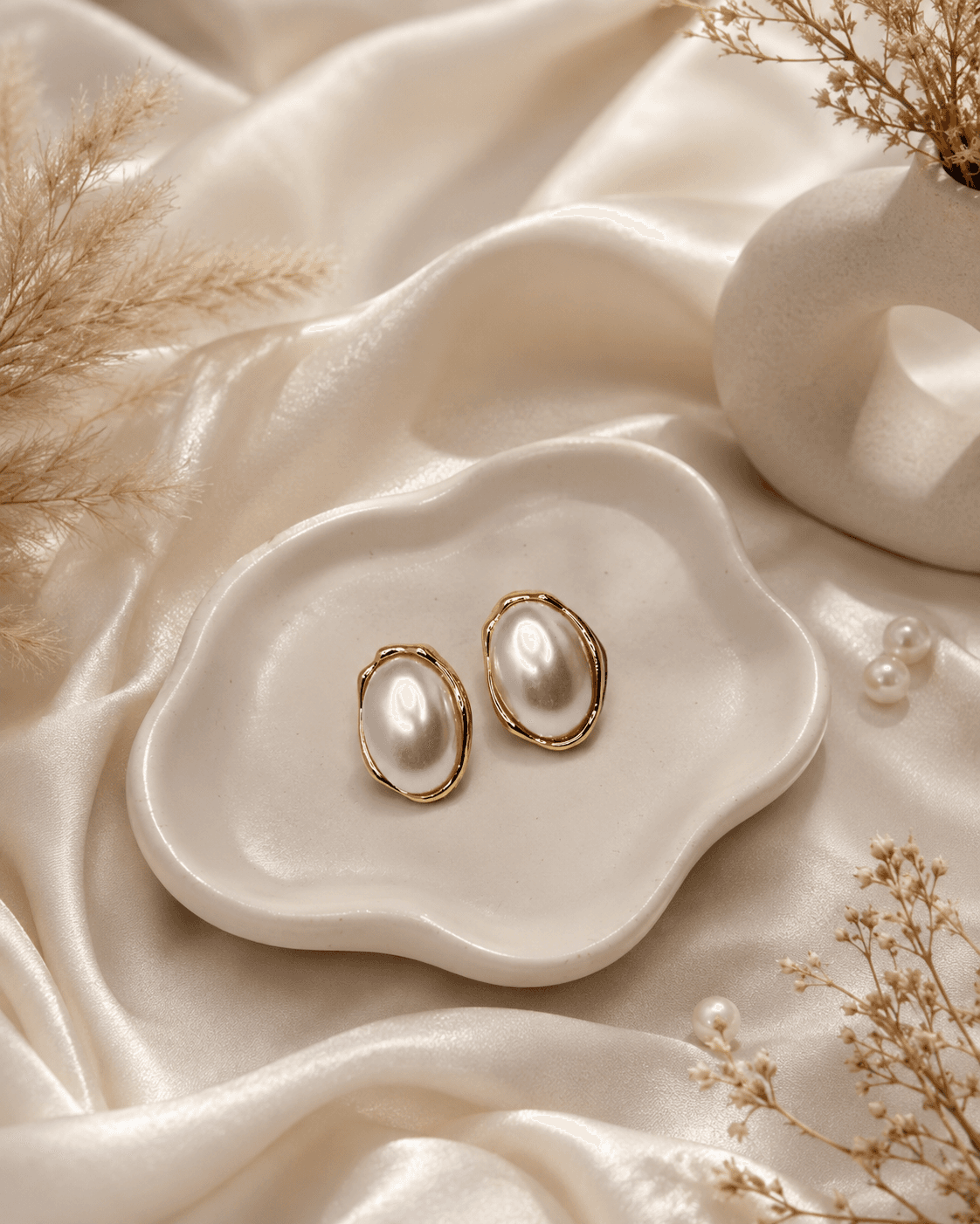 Oversized Oval Pearl Stud Earrings in Gold Frame detail photo 5 - Earrings at ShopKaar