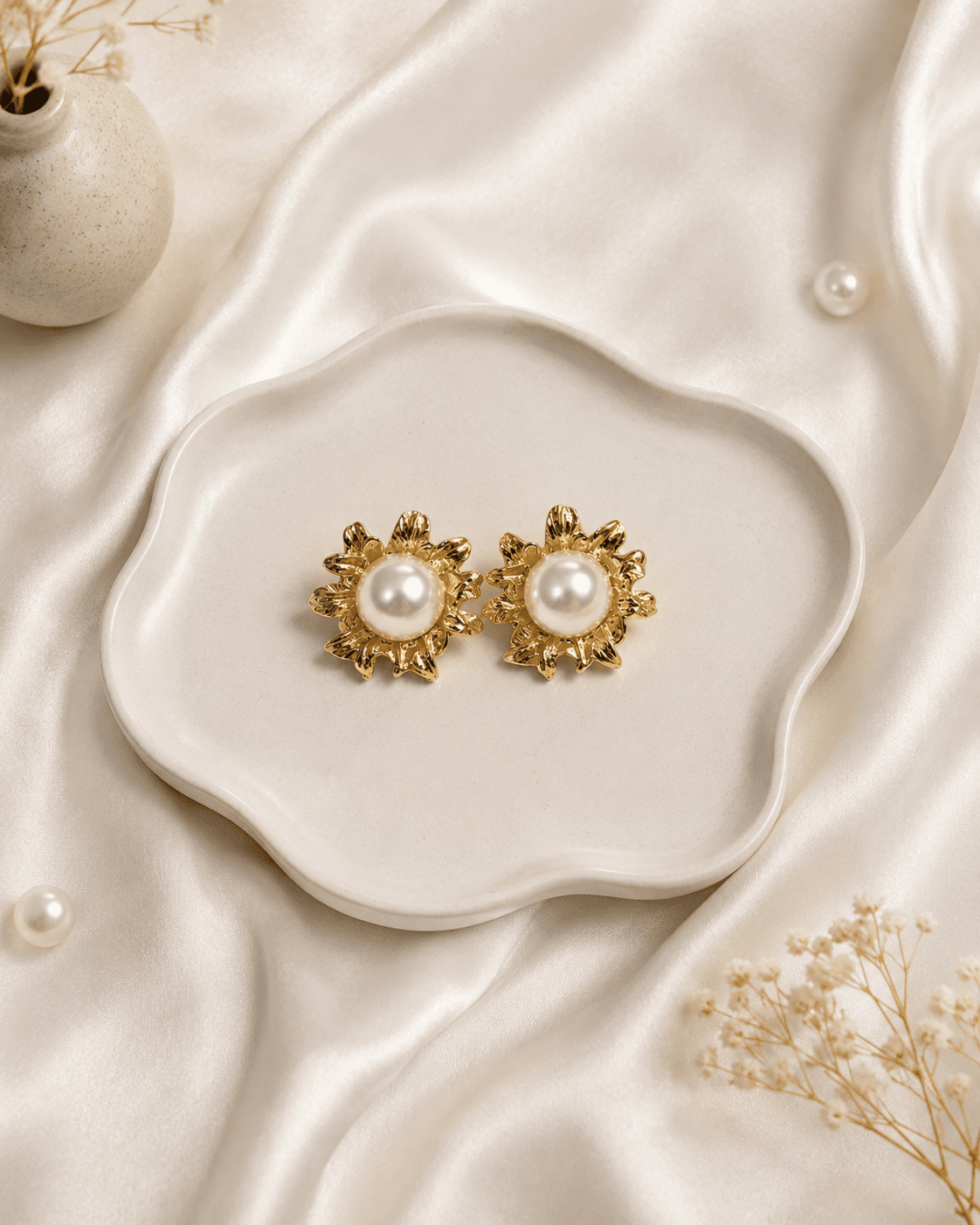 Gold Sunflower Pearl Stud Earrings main product photo - Earrings at ShopKaar