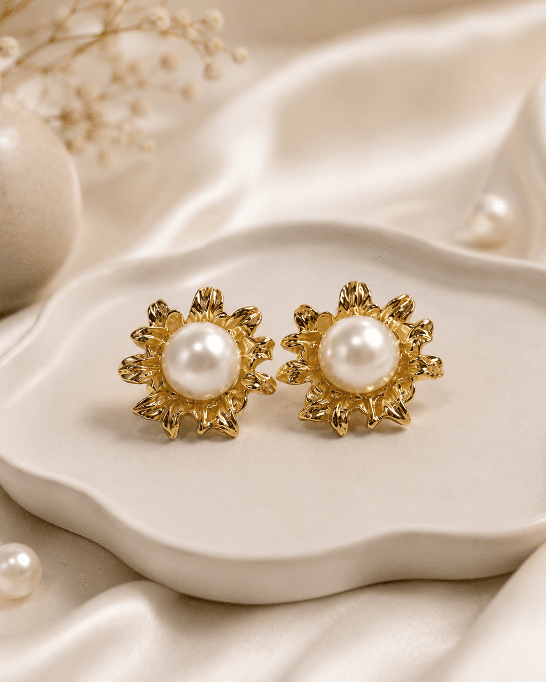 Gold Sunflower Pearl Stud Earrings detail photo 2 - Earrings at ShopKaar