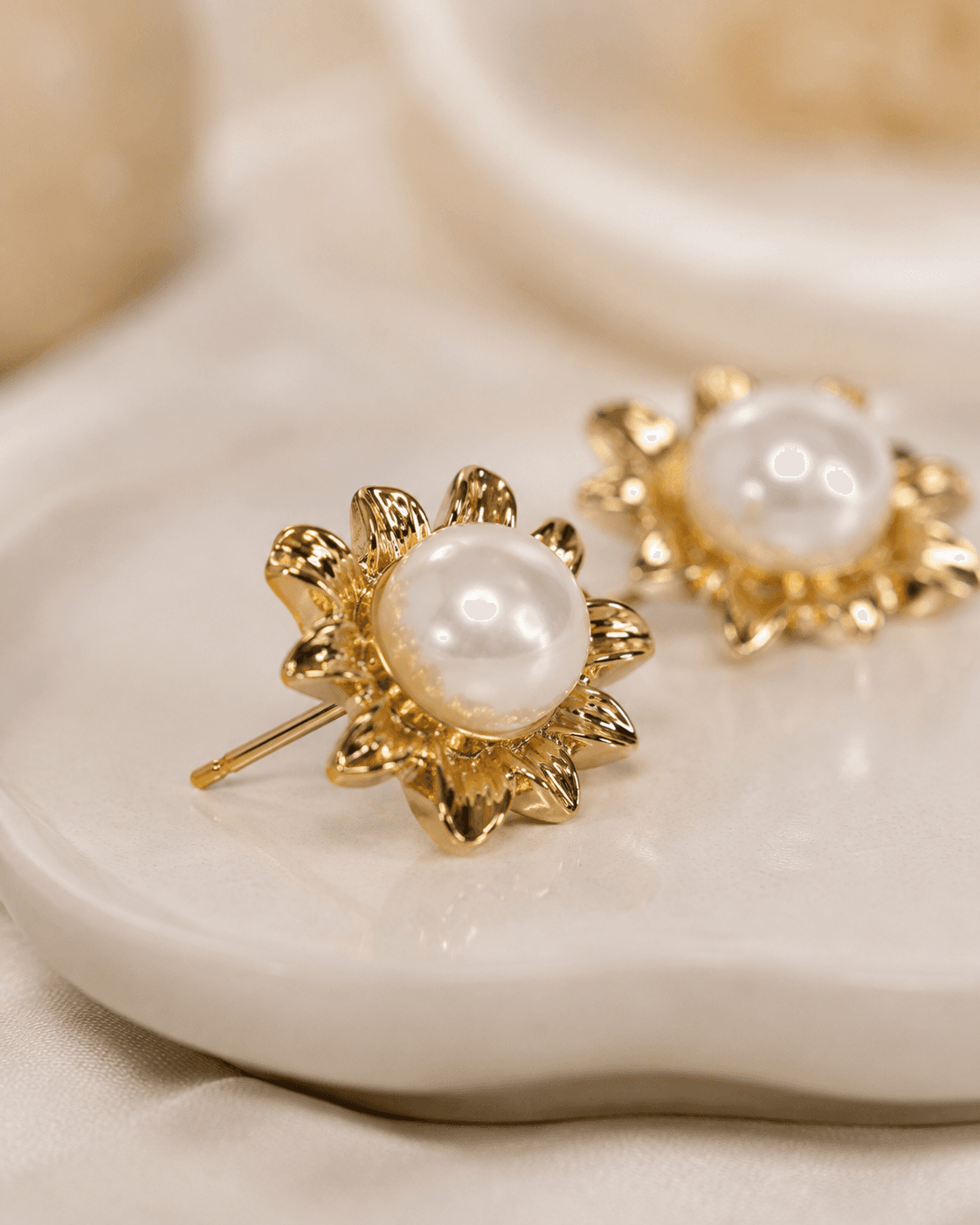 Gold Sunflower Pearl Stud Earrings detail photo 3 - Earrings at ShopKaar