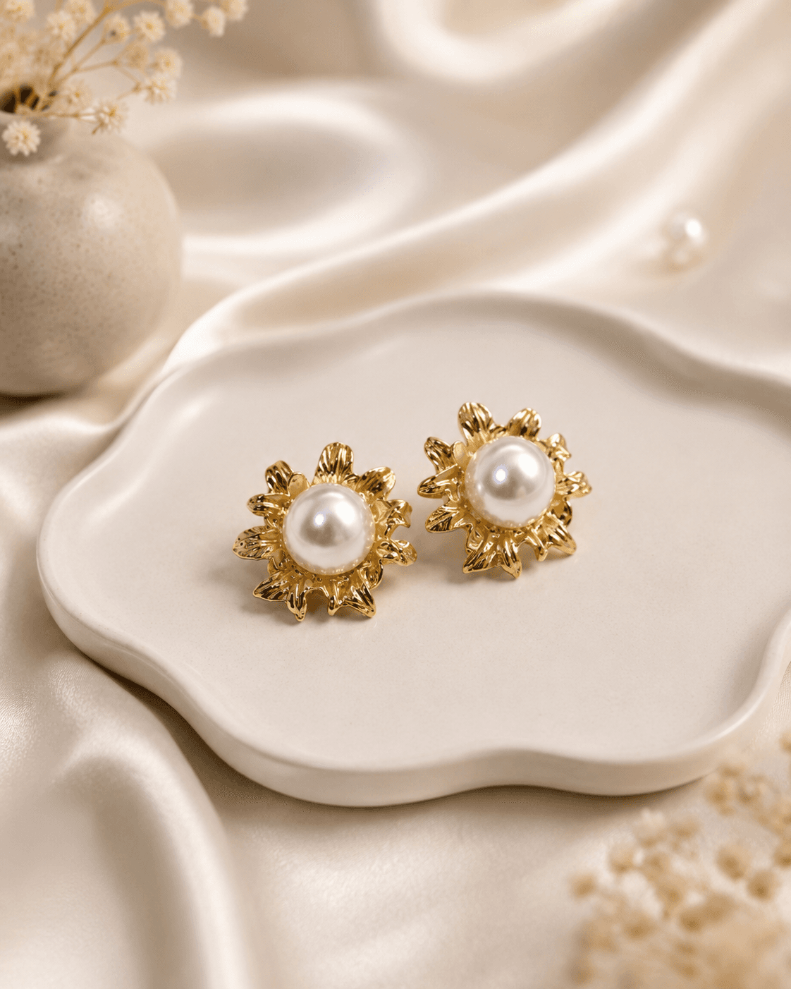 Gold Sunflower Pearl Stud Earrings detail photo 4 - Earrings at ShopKaar